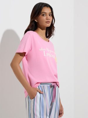 Wunderlove Pink Text Printed Cotton T-Shirt