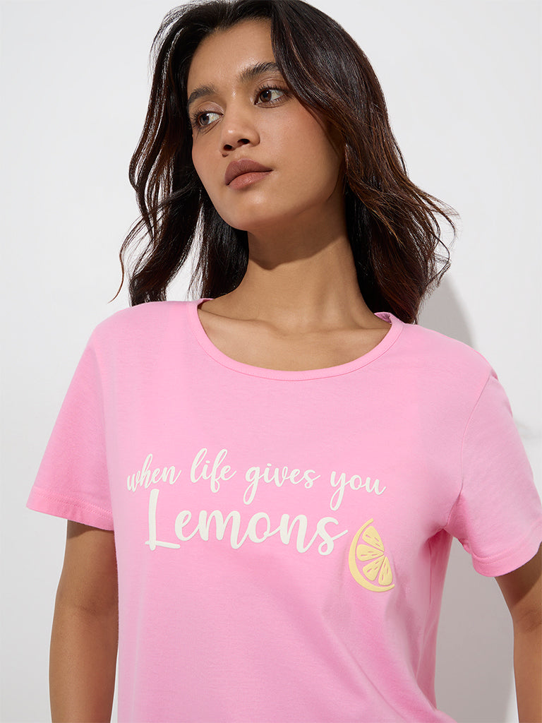 Wunderlove Pink Text Printed Cotton T-Shirt - Image 3