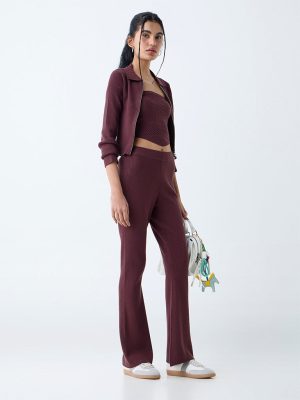 Nuon Dark Brown Ribbed High-Rise Bootcut Pants