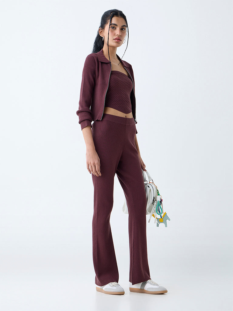 Nuon Dark Brown Ribbed High-Rise Bootcut Pants