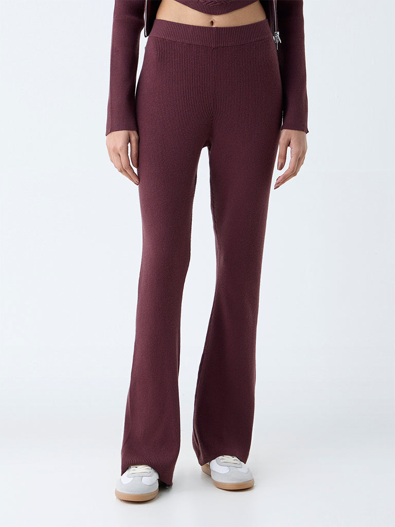 Nuon Dark Brown Ribbed High-Rise Bootcut Pants - Image 2