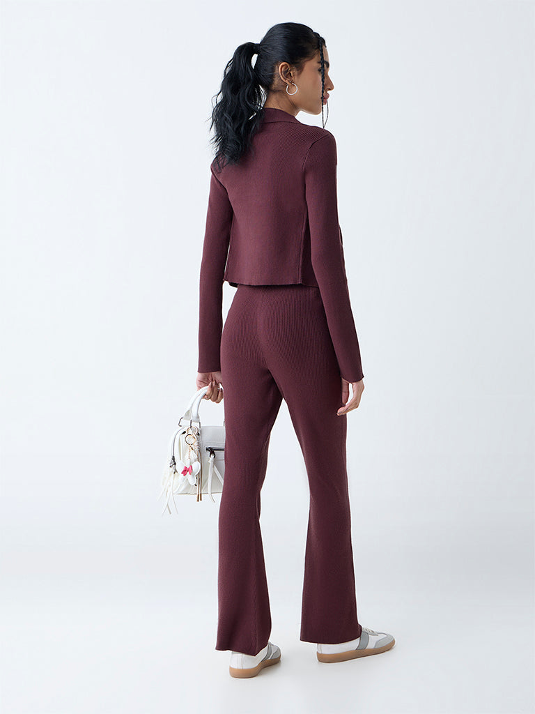 Nuon Dark Brown Ribbed High-Rise Bootcut Pants - Image 4