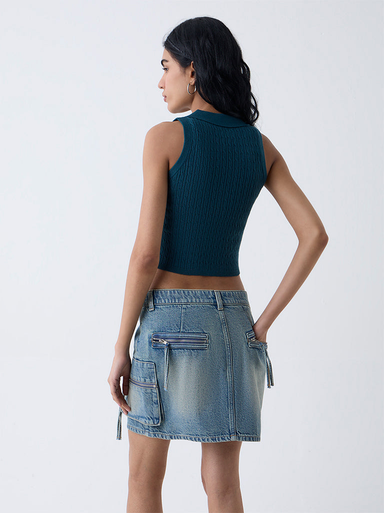 Nuon Dark Teal Cable-Knitted Top - Image 4