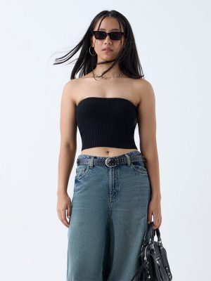 Nuon Black Ribbed-Textured Tube Top