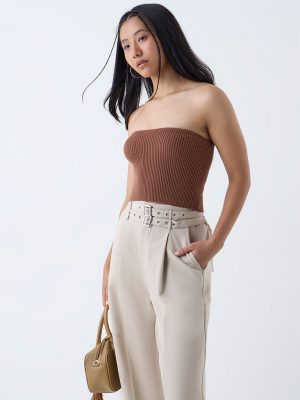 Nuon Brown Ribbed-Textured Tube Top