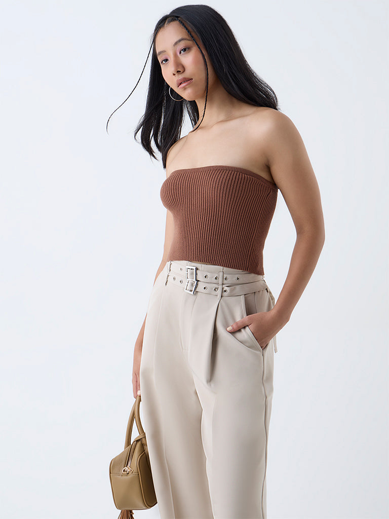 Nuon Brown Ribbed-Textured Tube Top