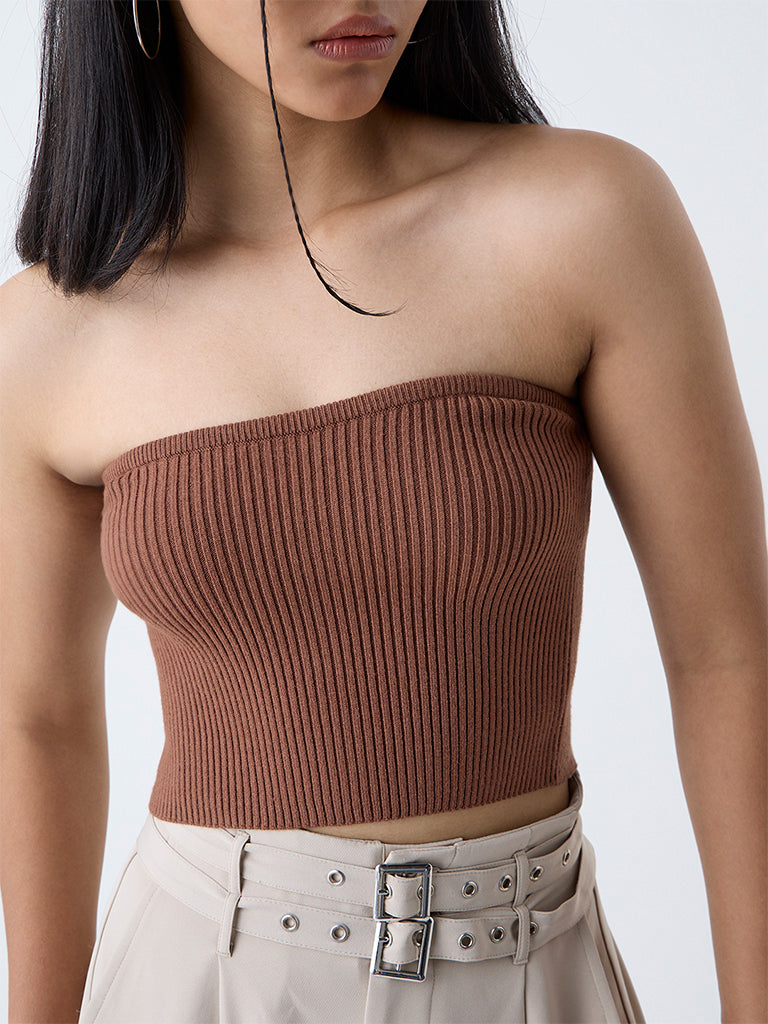 Nuon Brown Ribbed-Textured Tube Top - Image 3
