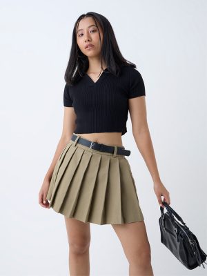 Nuon Black Criss-Cross-Detailed Ribbed T-Shirt