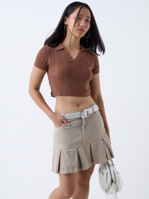 Nuon Brown Criss-Cross-Detailed Ribbed T-Shirt