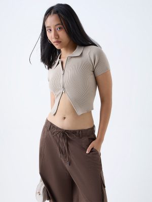 Nuon Beige Ribbed-Textured T-Shirt