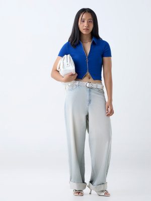 Nuon Blue Ribbed-Textured T-Shirt