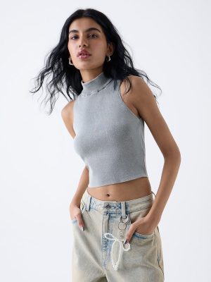 Nuon Grey Ribbed-Textured Top