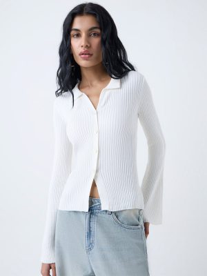 Nuon White Self-Striped Top