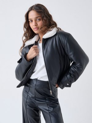 LOV Black Faux Leather Bomber Jacket
