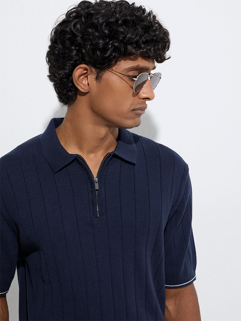 Ascot Navy Relaxed-Fit Quarter-Zip Polo T-Shirt - Image 4