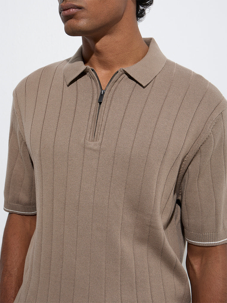 Ascot Taupe Relaxed-Fit Cotton-Blend Quarter-Zip Polo T-Shirt - Image 4