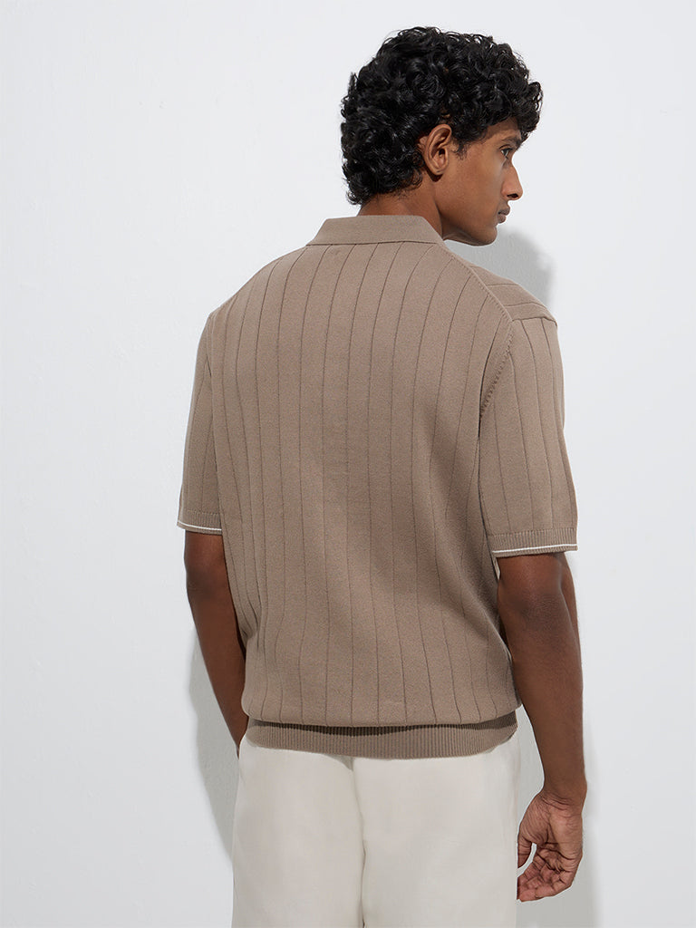 Ascot Taupe Relaxed-Fit Cotton-Blend Quarter-Zip Polo T-Shirt - Image 5