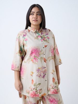 Diza Beige Floral Pattern Ethnic Tunic