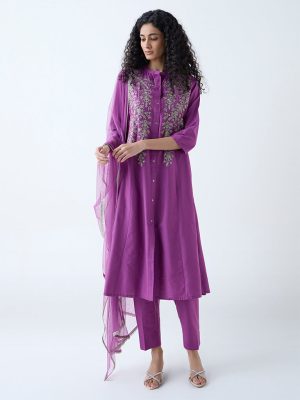 Vark Purple Embroidered A-Line Ethnic Set