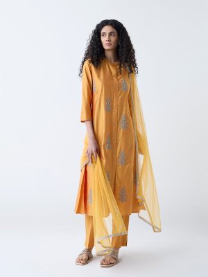 Vark Yellow Embroidered A-Line Ethnic Set