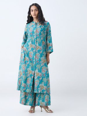 Utsa Teal Floral Detailed A-Line Kurta