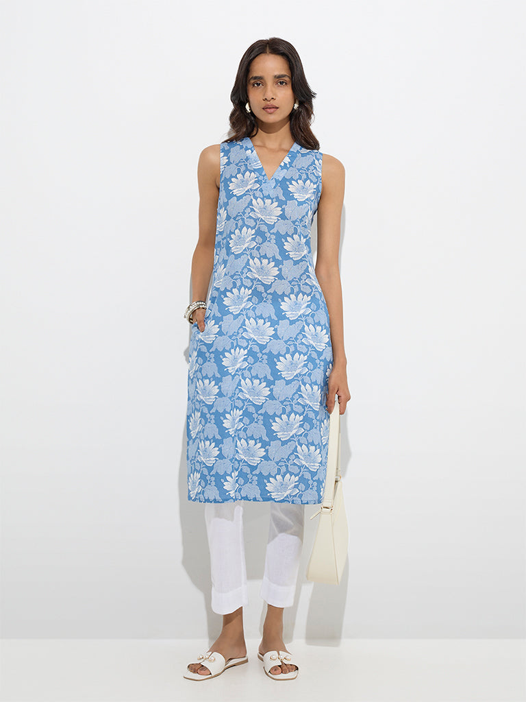 Utsa Blue Floral Detailed Cotton Straight Kurta