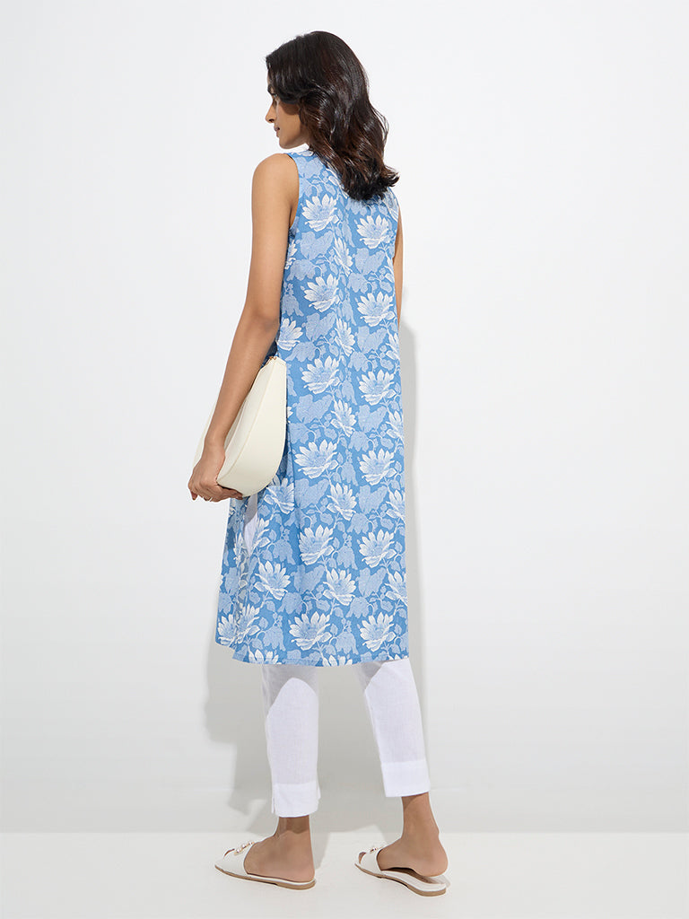 Utsa Blue Floral Detailed Cotton Straight Kurta - Image 4