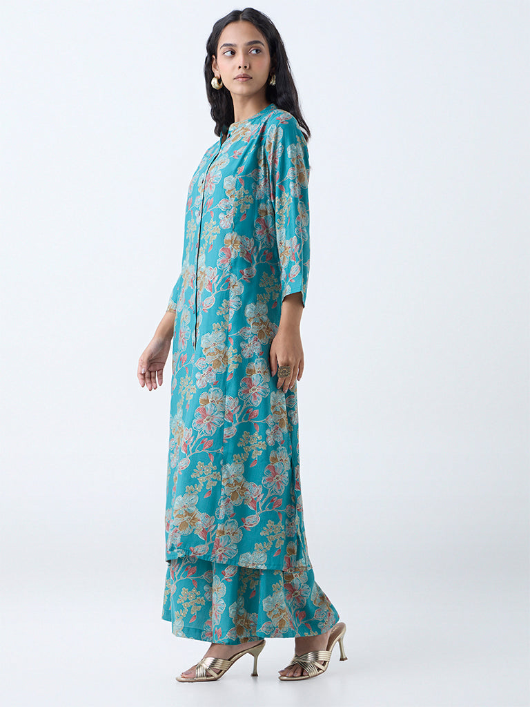 Utsa Teal Floral Detailed Palazzos - Image 2