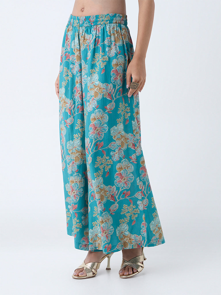 Utsa Teal Floral Detailed Palazzos