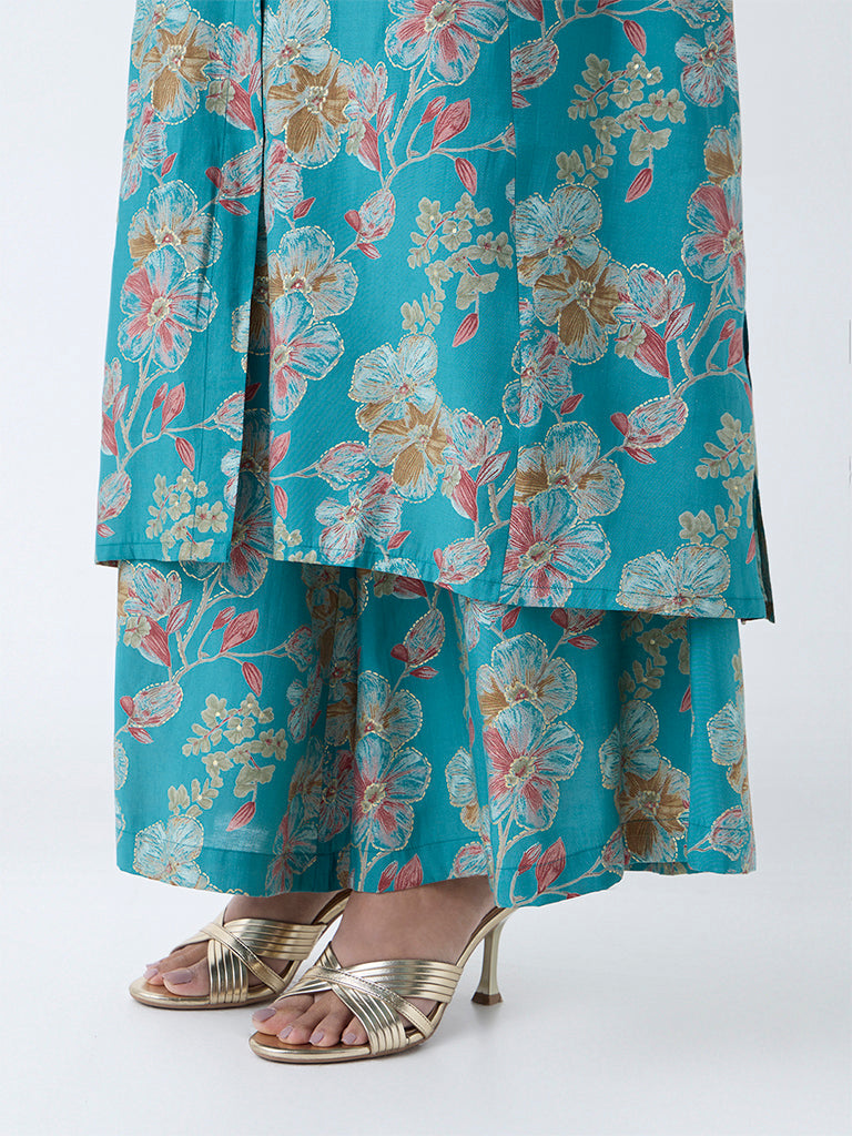 Utsa Teal Floral Detailed Palazzos - Image 3