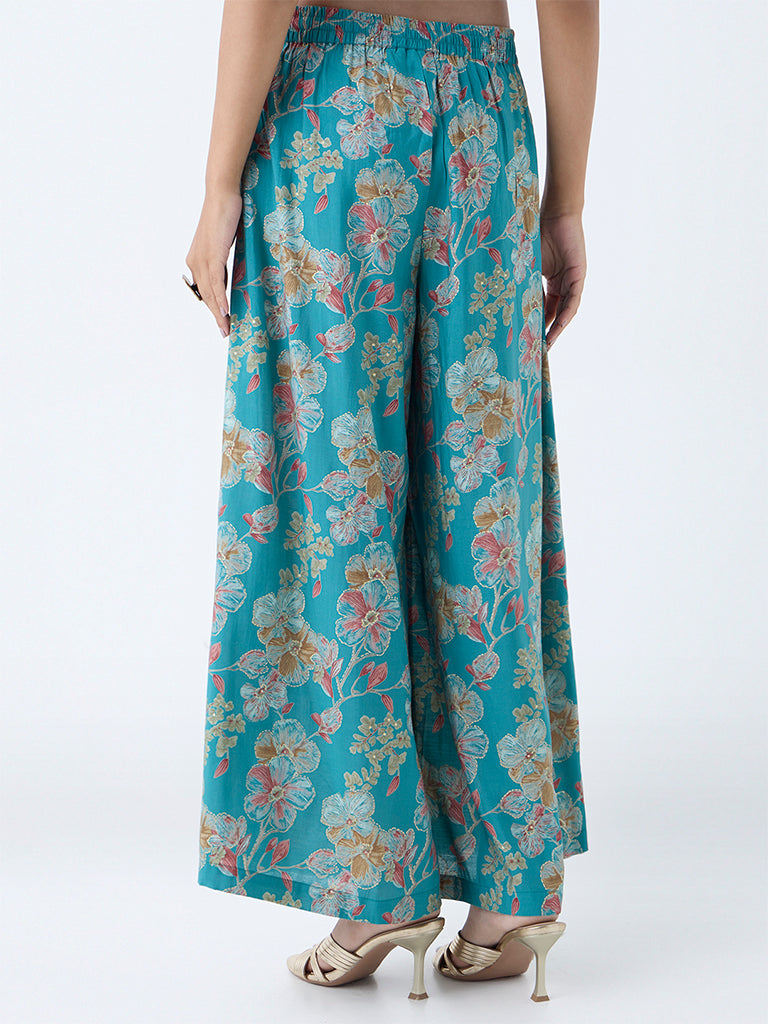 Utsa Teal Floral Detailed Palazzos - Image 4