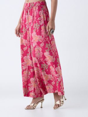 Utsa Fuchsia Floral Design Palazzos