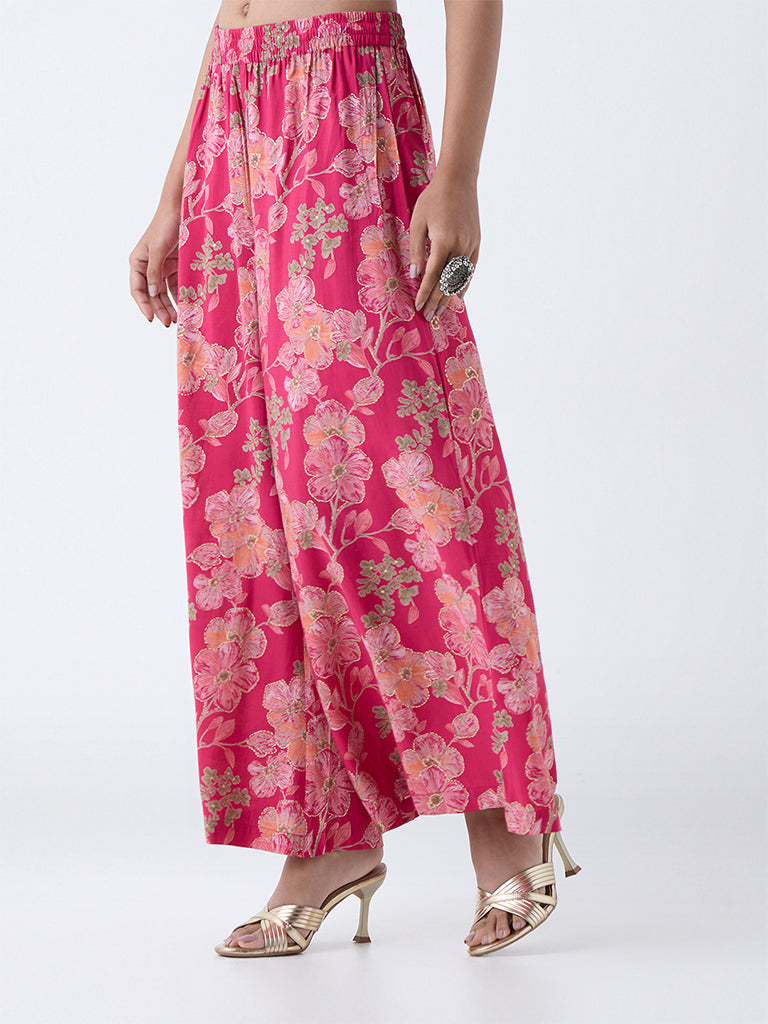 Utsa Fuchsia Floral Design Palazzos