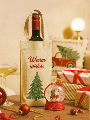 Westside Home Beige Christmas-Themed Wine Bag