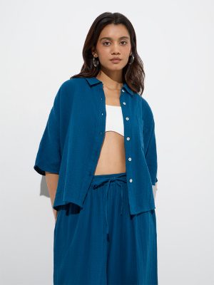 Wunderlove Blue Crinkle-Textured Cotton Beach Shirt