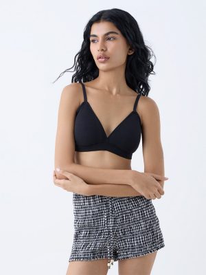 Superstar Black Waffle-Textured Padded Cotton-Blend Bra