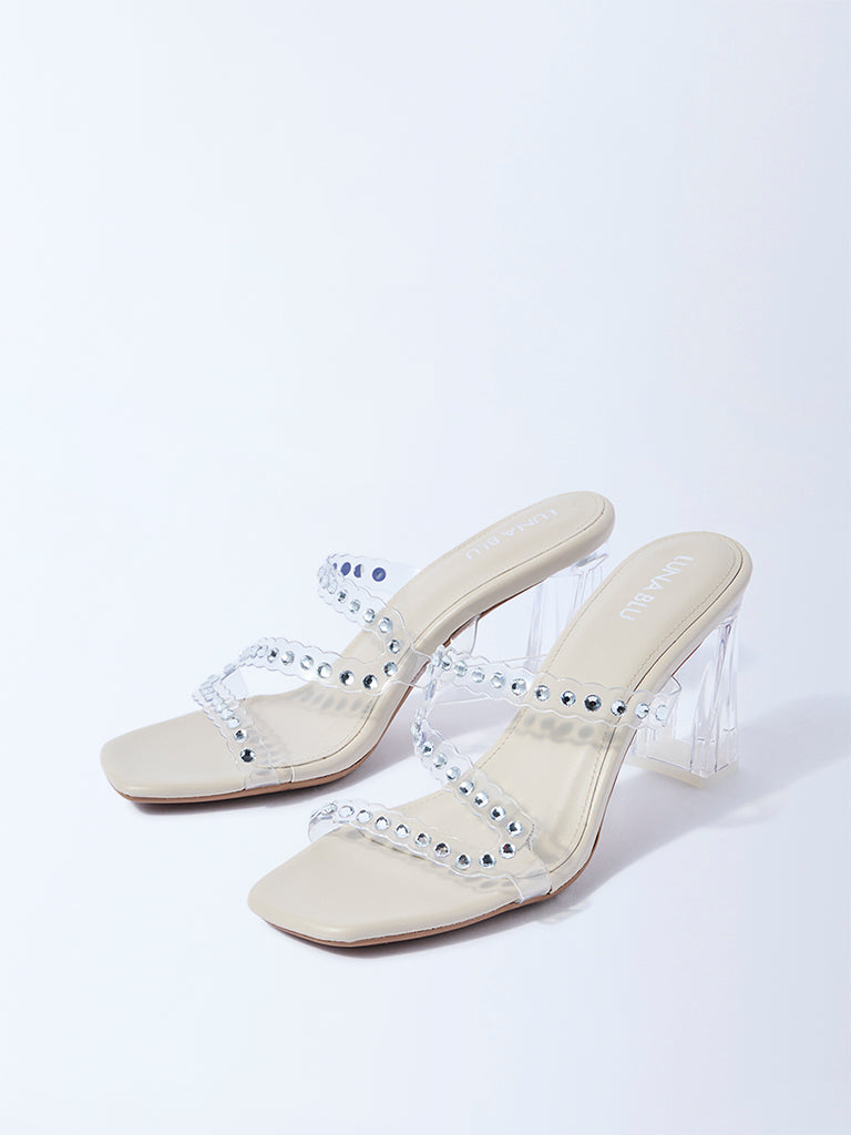 LUNA BLU Ivory Embellished Block Heel Sandals - Image 3