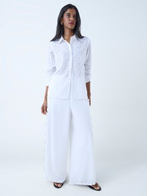LOV White Schiffli Detailed Cotton Shirt