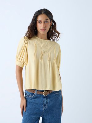 LOV Light Yellow Floral Embroidered Cotton Top