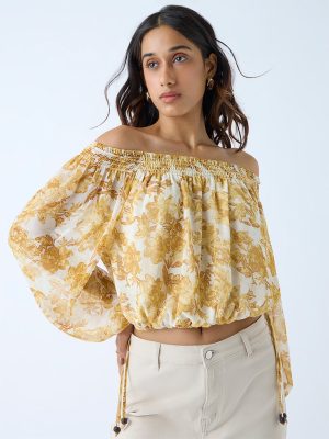 LOV Yellow Floral Detailed Off-Shoulder Top