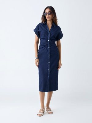 LOV Dark Blue Ruched Denim Shirt Dress