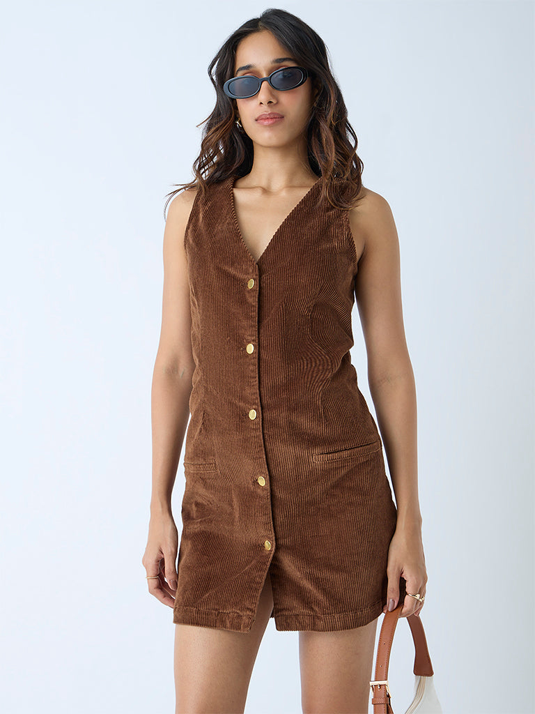 LOV Brown Corduroy Straight Dress with Belt - Image 2