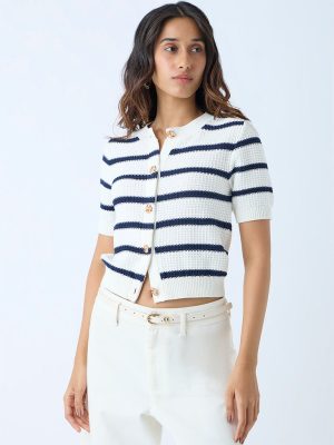 LOV White Striped Knit-Textured Cotton Cardigan