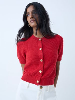 LOV Red Knit-Textured Cotton Cardigan