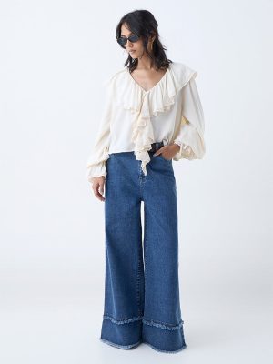 LOV Blue Fringe-Detailed Wide-Leg High-Rise Jeans