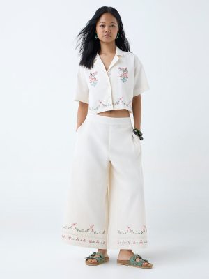 Bombay Paisley Off-White Floral Embroidered Cotton-Blend Palazzos
