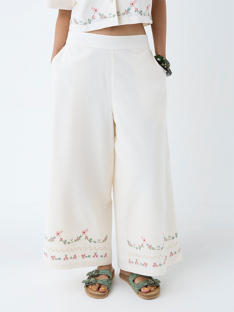 Bombay Paisley Off-White Floral Embroidered Cotton-Blend Palazzos - Image 2