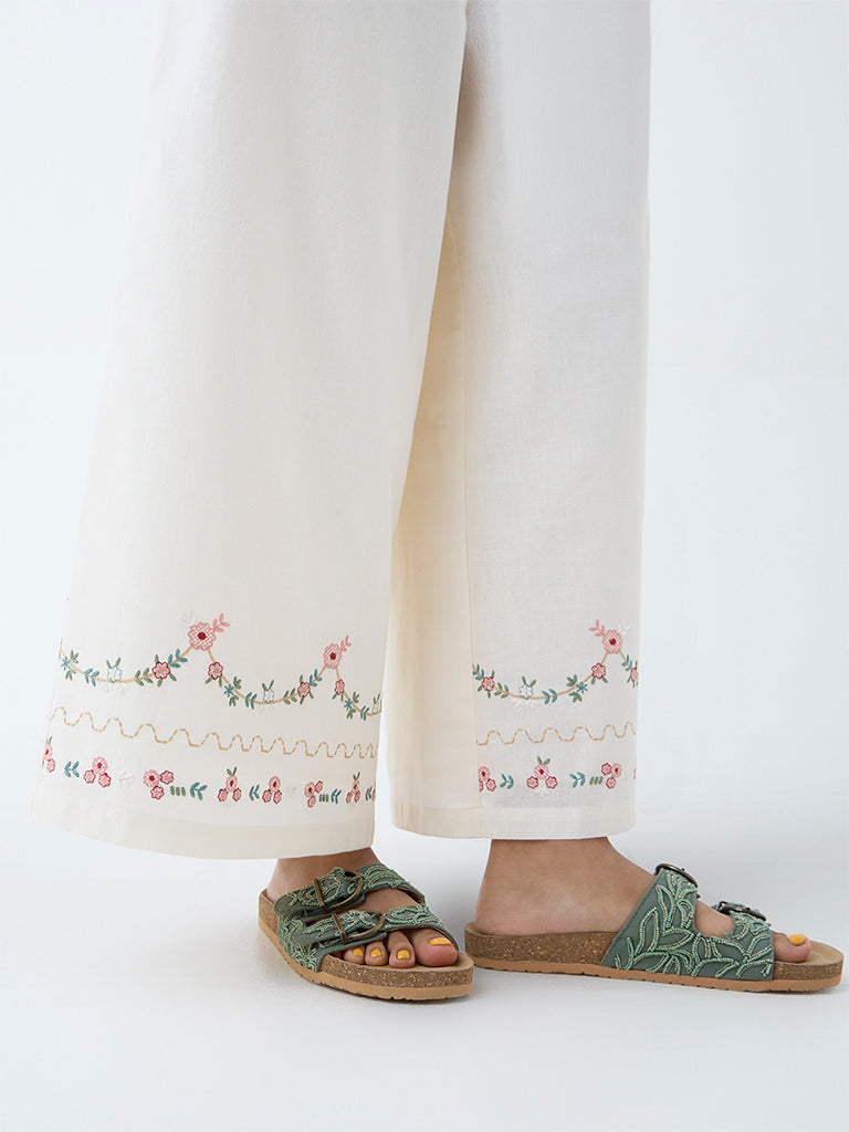Bombay Paisley Off-White Floral Embroidered Cotton-Blend Palazzos - Image 3