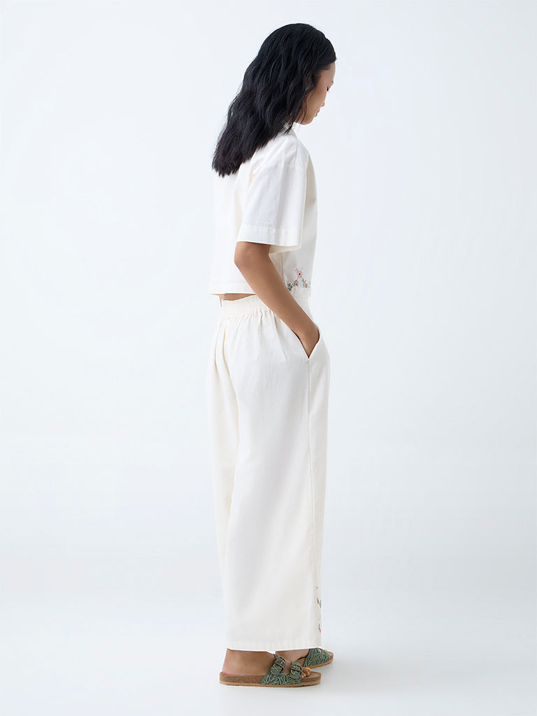 Bombay Paisley Off-White Floral Embroidered Cotton-Blend Palazzos - Image 4