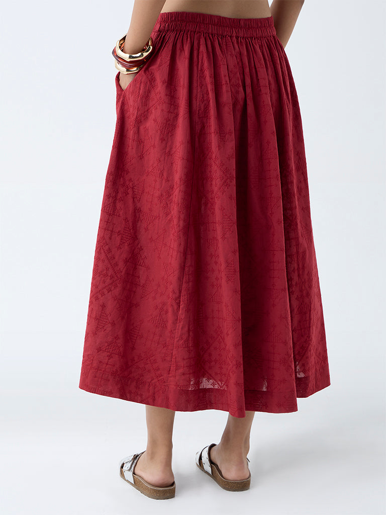 Bombay Paisley Red Embroidered Cotton Skirt - Image 4